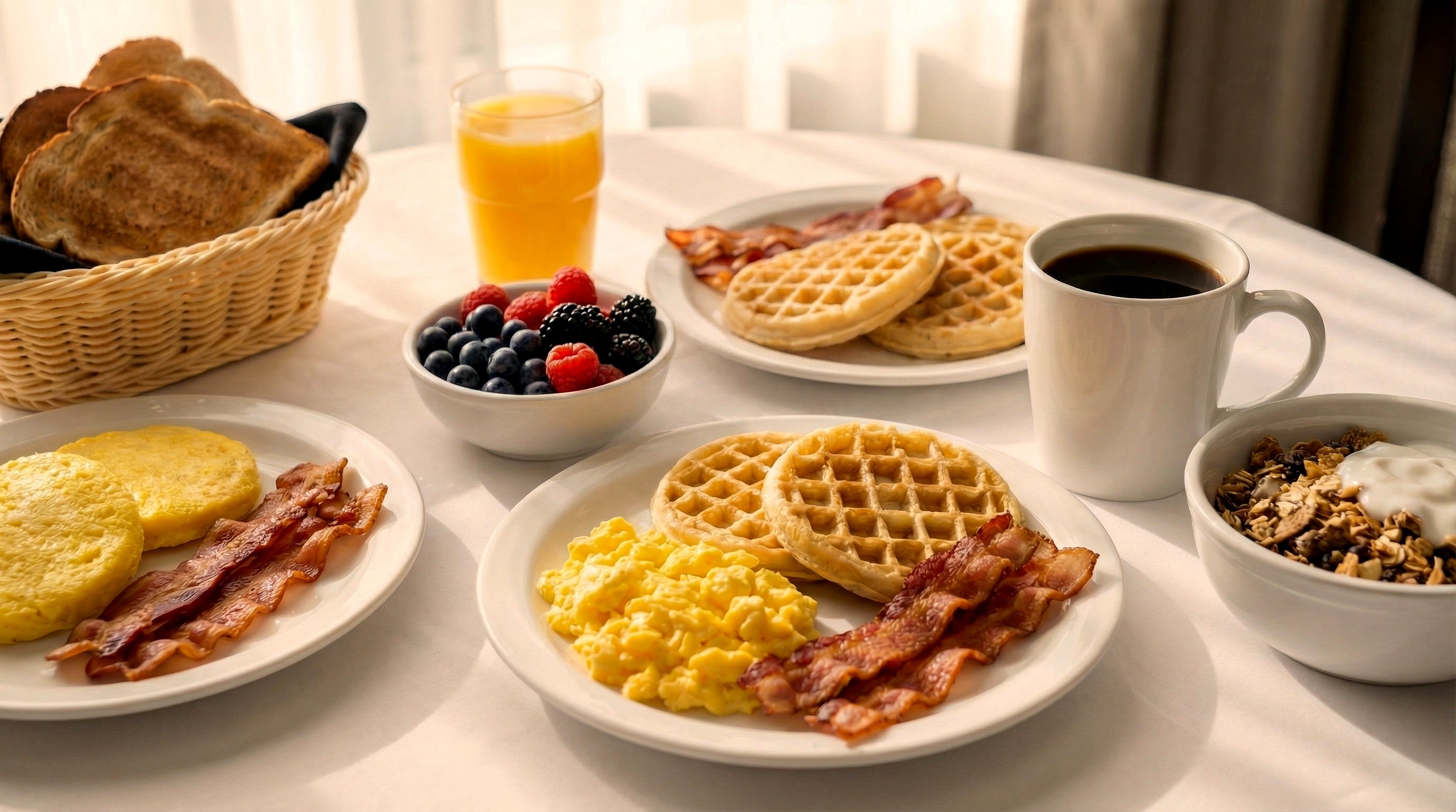 Chef's breakfast — waffles, eggs, fresh fruit